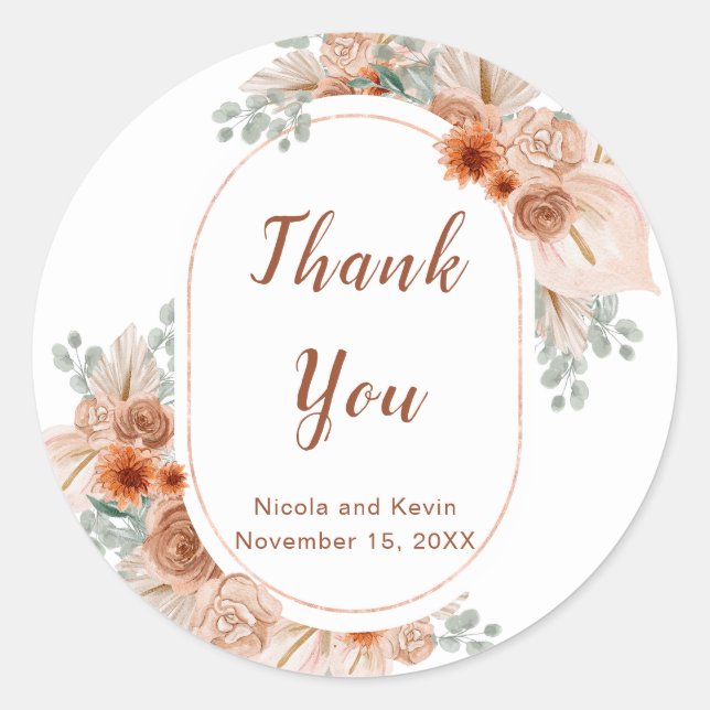 Pegatina Redonda Boho Terracotta Pampas Grass (Anverso)