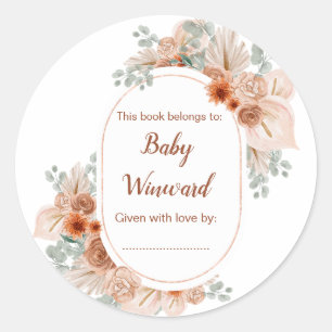 Pegatina Redonda Boho Terracotta Pampas Grass Baby Shower