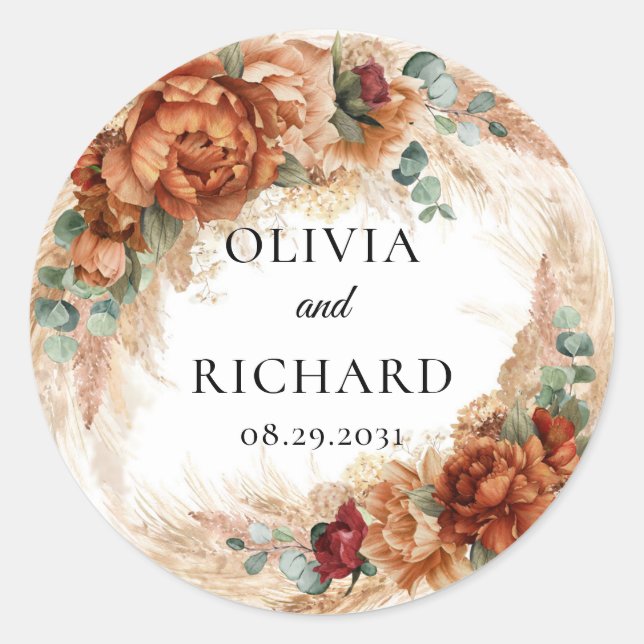 Pegatina Redonda Boho terracotta pampas verde cobre floral (Anverso)