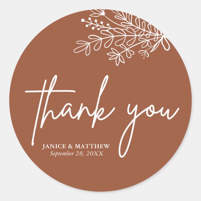 Pegatina Redonda Boho Terracotta quemó Naranja Boda Rústico (Anverso)