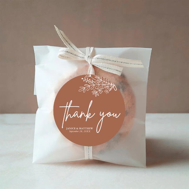 Pegatina Redonda Boho Terracotta quemó Naranja Boda Rústico (Boho terracotta burnt orange rustic round sticker seals favors with warm charm and a personal touch)