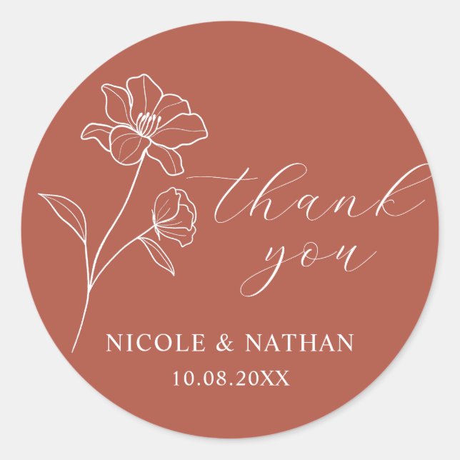 Pegatina Redonda Boho Terracotta Rustic Boda | Floral Gracias (Anverso)