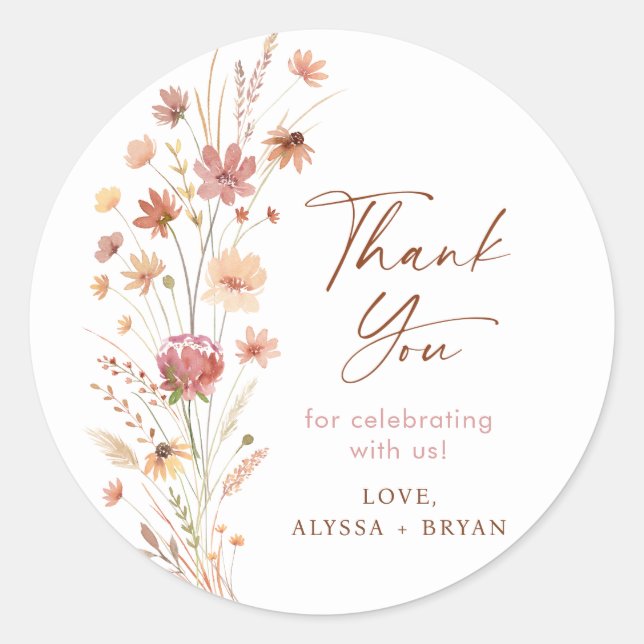 Pegatina Redonda Boho Terracotta Wildflowers Baby Shower (Anverso)