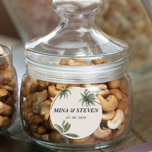 Pegatina Redonda boho tropical acuarela palmera boda