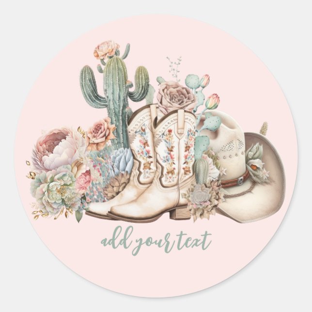 Pegatina Redonda Boho vaquero del desierto vaquero botas vaquero go (Anverso)