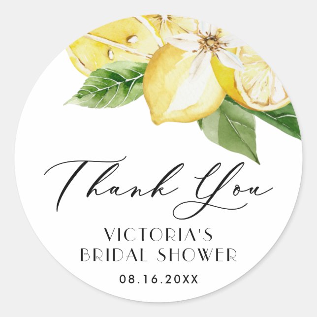 Pegatina Redonda Boho Watercolor Lemon Bridal Shower Gracias (Anverso)