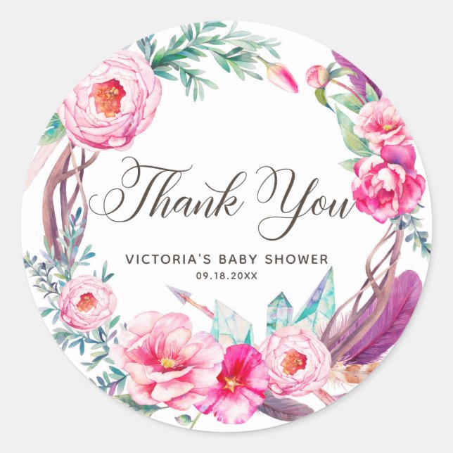 Pegatina Redonda Boho Watercolor Pink Peonies Wreath (Anverso)