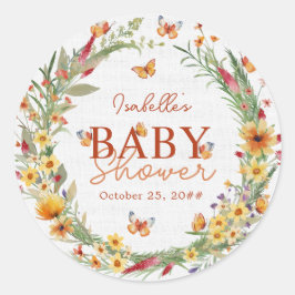 Pegatina Redonda Boho Watercolor Rustic Wildflowers Baby Shower