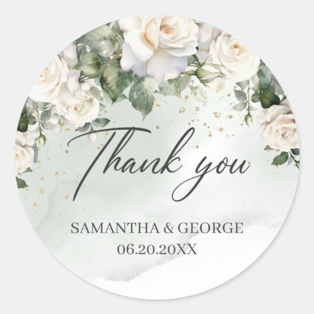 Pegatina Redonda Boho White Roses Floral Garden vegetación (Anverso)