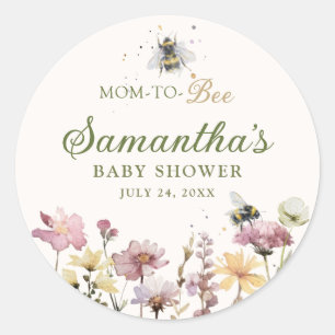 Pegatina Redonda Boho Wildflower & Abeja Acuarela Baby Shower