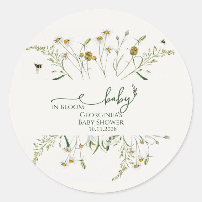 Pegatina Redonda Boho Wildflower Baby in Bloom Baby Shower  (Anverso)