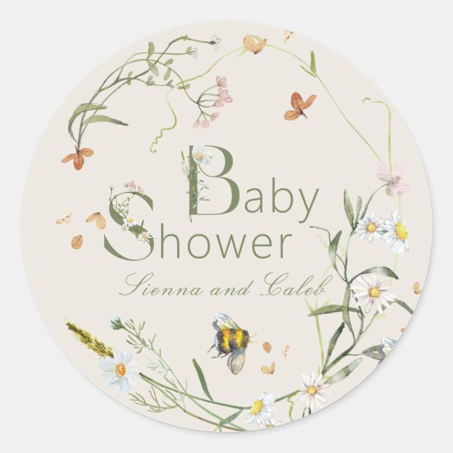 Pegatina Redonda Boho Wildflower Bee Beige Baby Shower (Anverso)
