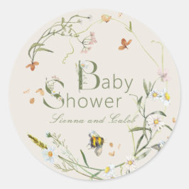 Pegatina Redonda Boho Wildflower Bee Beige Baby Shower