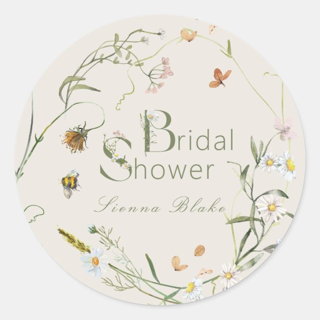 Pegatina Redonda Boho Wildflower Bee Beige Bridal Shower (Anverso)