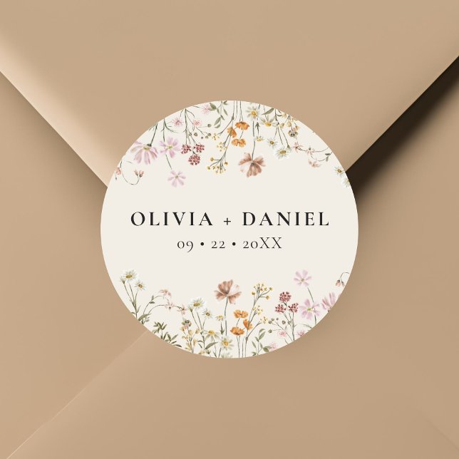 Pegatina Redonda Boho Wildflower Beige Jardín Boda (Subido por el creador)