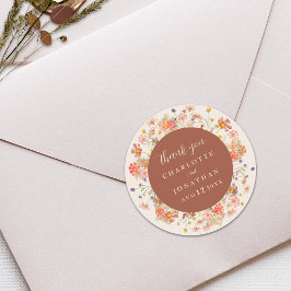 Pegatina Redonda Boho Wildflower Beige Wedding Thank You