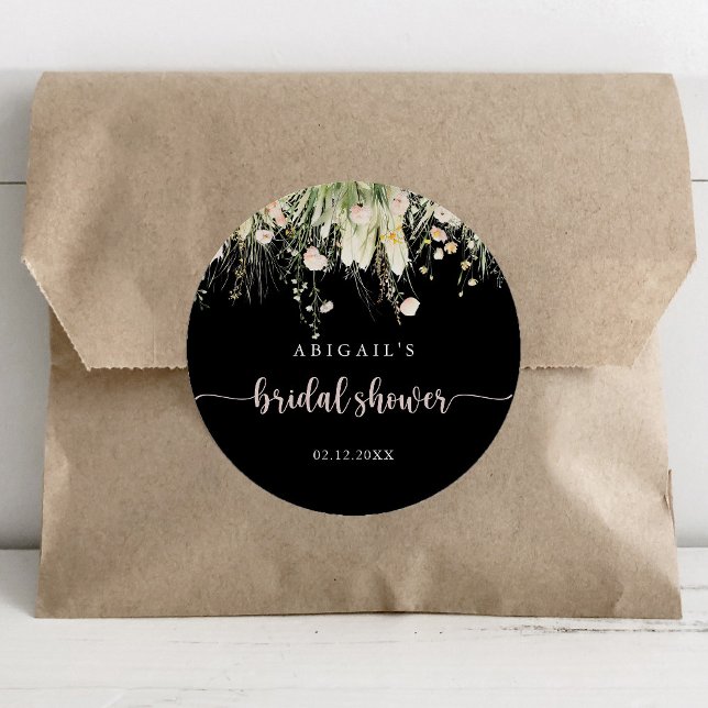 Pegatina Redonda Boho Wildflower Black Bridal Shower Favor (Subido por el creador)