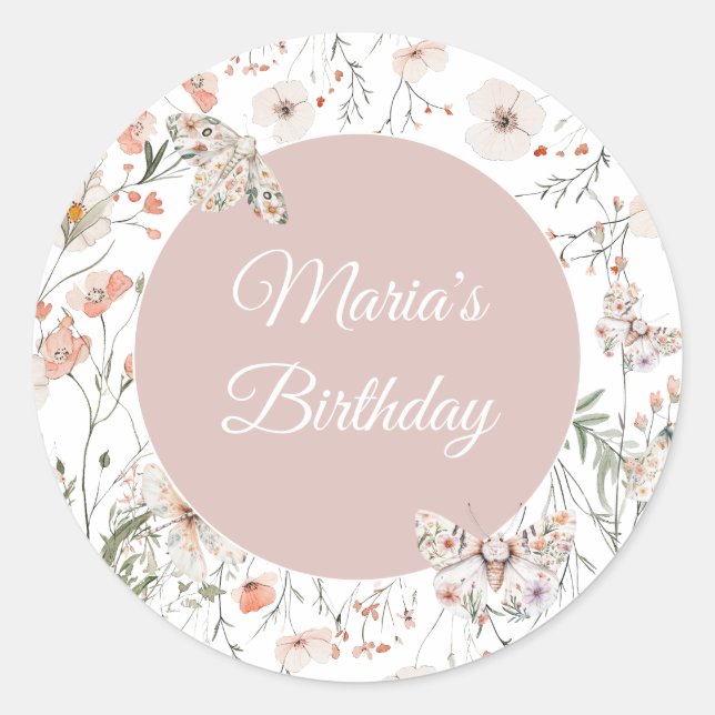 Pegatina Redonda Boho Wildflower Floral Bebé cumpleaños (Anverso)