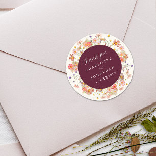 Pegatina Redonda Boho Wildflower Floral Borgoña Boda Gracias