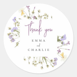 Pegatina Redonda Boho Wildflowers lilac Script boda