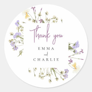 Pegatina Redonda Boho Wildflowers lilac Script boda