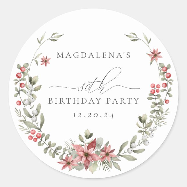 Pegatina Redonda Boho Winter Greenery Red Floral 80 cumpleaños (Anverso)