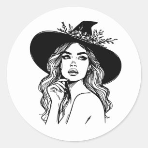 Pegatina Redonda Boho Witch Line Art Spooky Season Halloween