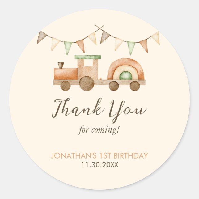 Pegatina Redonda Boho Wood Train Transport Kids Cumpleaños (Anverso)