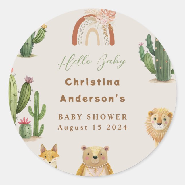 Pegatina Redonda Boho Woodland Bear Leon Fox Cactus Baby Shower (Anverso)