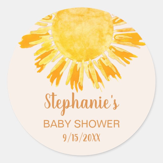 Pegatina Redonda Boho Yellow Sunshine Baby Shower (Anverso)