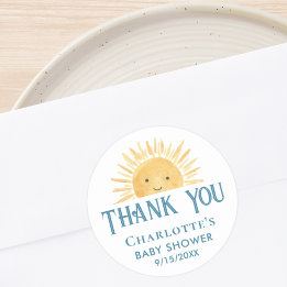 Pegatina Redonda Boho Yellow Sunshine Baby Shower Gracias