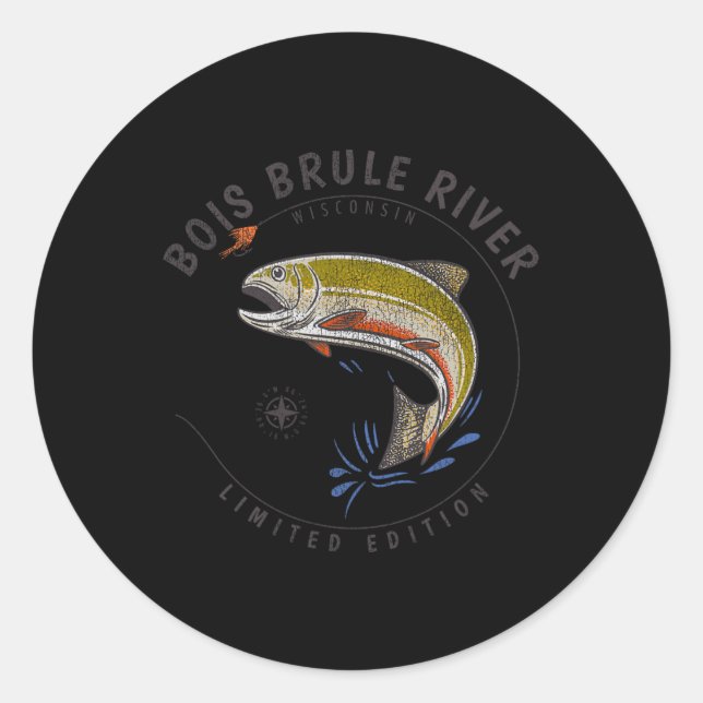 Pegatina Redonda Bois BRule River Wisconsin Fly Fishing Souvenir Bo (Anverso)