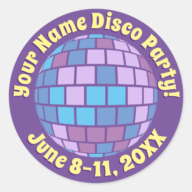 Pegatina Redonda Bola de discoteca morada retro PERSONALIZADA (Anverso)