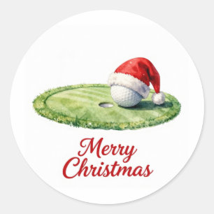 Pegatina Redonda Bola de golf con sombrero de Santa para Navidad de