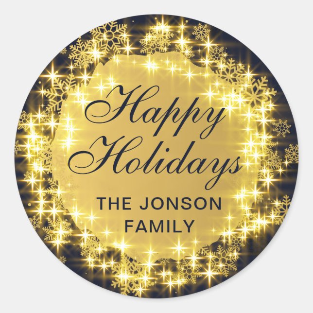 Pegatina Redonda Bola de Navidad Navy & Gold Sparkle Snowflakes (Anverso)