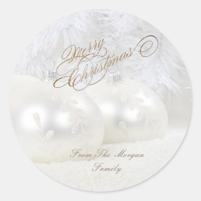 Pegatina Redonda Bolas de Navidad Blancas Elegantes (Anverso)