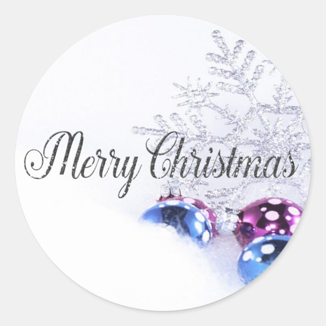 Pegatina Redonda Bolas de Navidad, copo de nieve Feliz Navidad (Anverso)