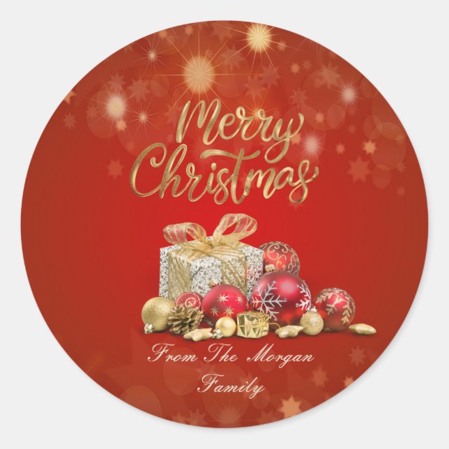 Pegatina Redonda Bolas de Navidades rojos, presenta Feliz Navidad (Anverso)