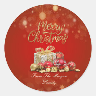 Pegatina Redonda Bolas rojas de Navidad, regalos Feliz Navidad