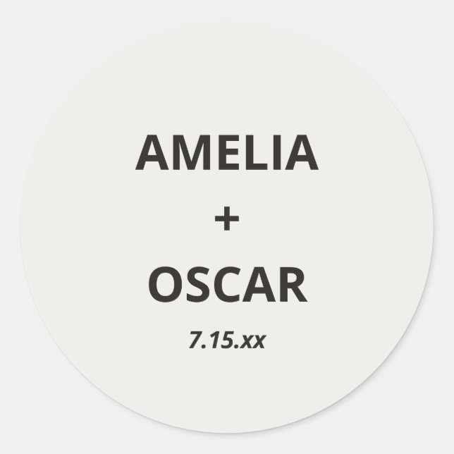 Pegatina Redonda Bold Black Ivory Modern Wedding Names Date Custom (Anverso)
