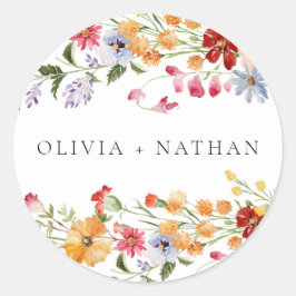 Pegatina Redonda Bold Colorful Watercolor Wildflowers Wedding