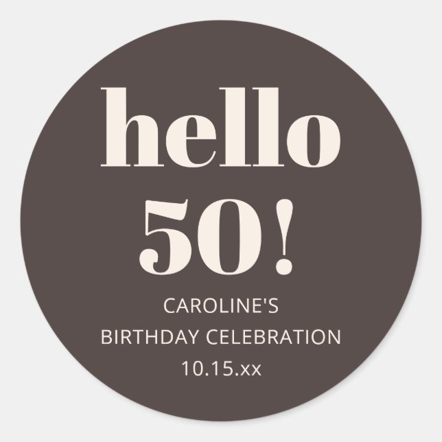 Pegatina Redonda Bold Modern Simple Brown 50th Birthday Party Favor (Anverso)