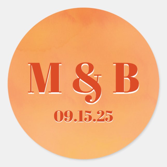 Pegatina Redonda Bold Orange Watercolor Sunset Monogram Wedding (Anverso)