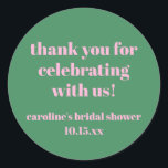 Pegatina Redonda Bold Pink Green Custom Bridal Shower  Thank You<br><div class="desc">This personalized round sticker features bold pink typography on a fresh green background for a fun, modern bridal shower look. The cheerful message is perfect for sealing envelopes, decorating favor bags, gift boxes, or thank you notes at a bridal shower celebration. Customize the name and date to match your event...</div>