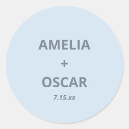 Pegatina Redonda Bold Soft Blue Modern Wedding Names Date Custom
