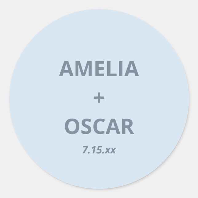 Pegatina Redonda Bold Soft Blue Modern Wedding Names Date Custom (Anverso)