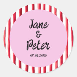 Pegatina Redonda Bold Stripes Modern Red and Pink Wedding Stickers