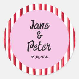 Pegatina Redonda Bold Stripes Modern Red and Pink Wedding Stickers