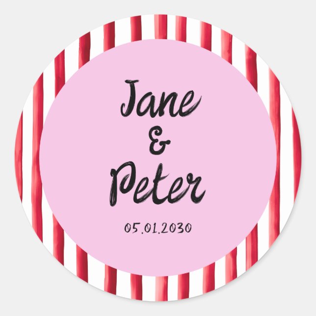 Pegatina Redonda Bold Stripes Modern Red and Pink Wedding Stickers (Anverso)