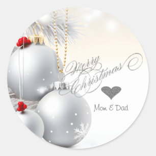 Pegatina Redonda Bolitas de Navidad Corazón de Plata Elegantes Rama